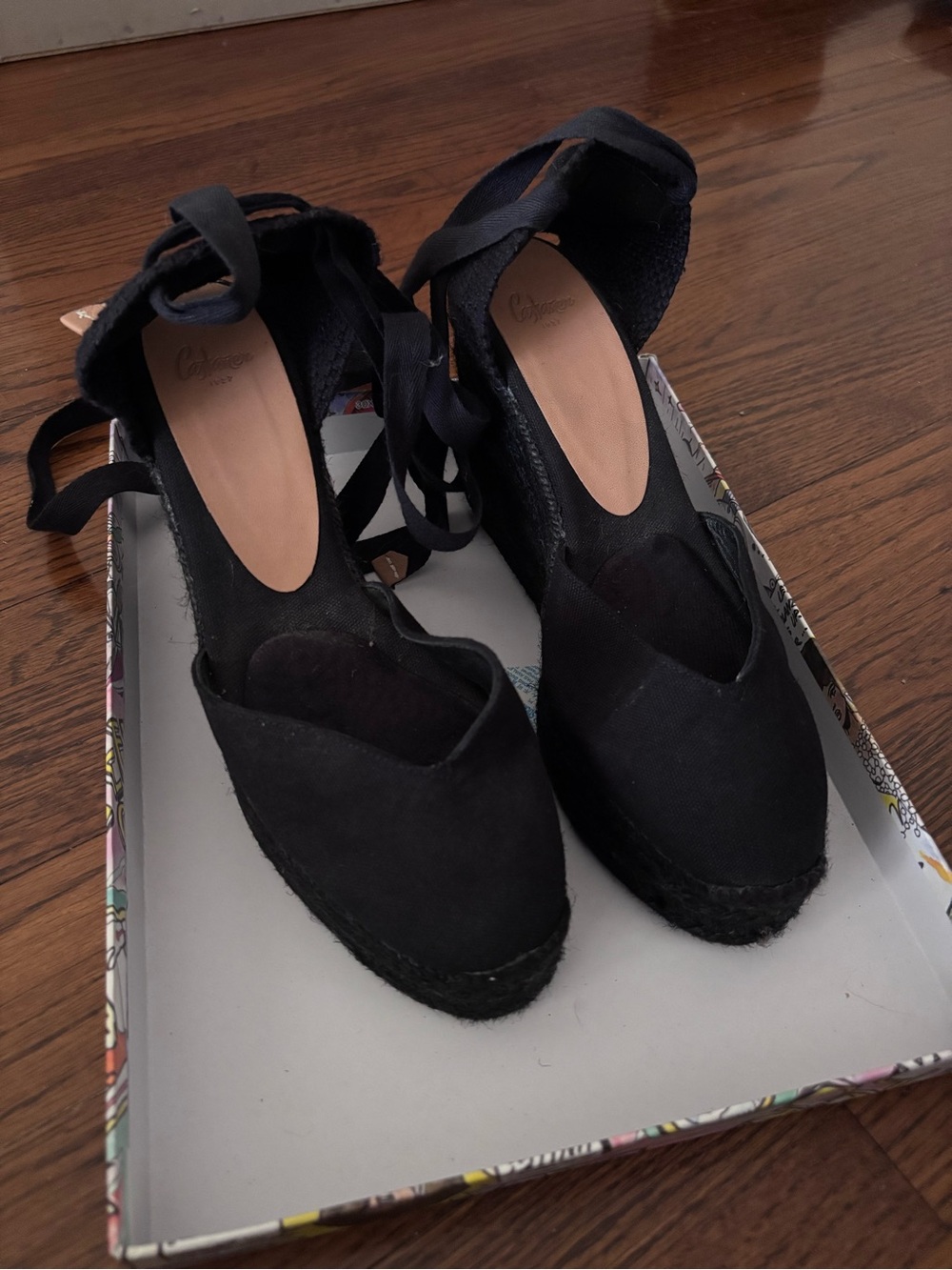 Castaner Black Canvas Espadrille Wedges with Ankle Wrap